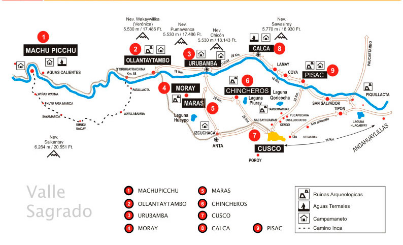 Mapa de visitação do Valle Sagrado, muitas localidades importantes 