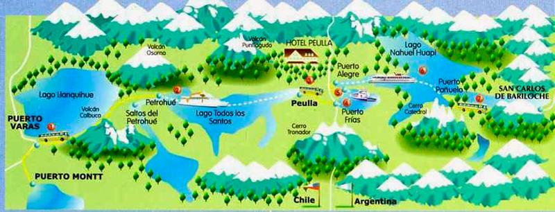 O mapa da travessia dos lagos andinos te ajuda a compreender o trajeto entre o Chile e Argentina