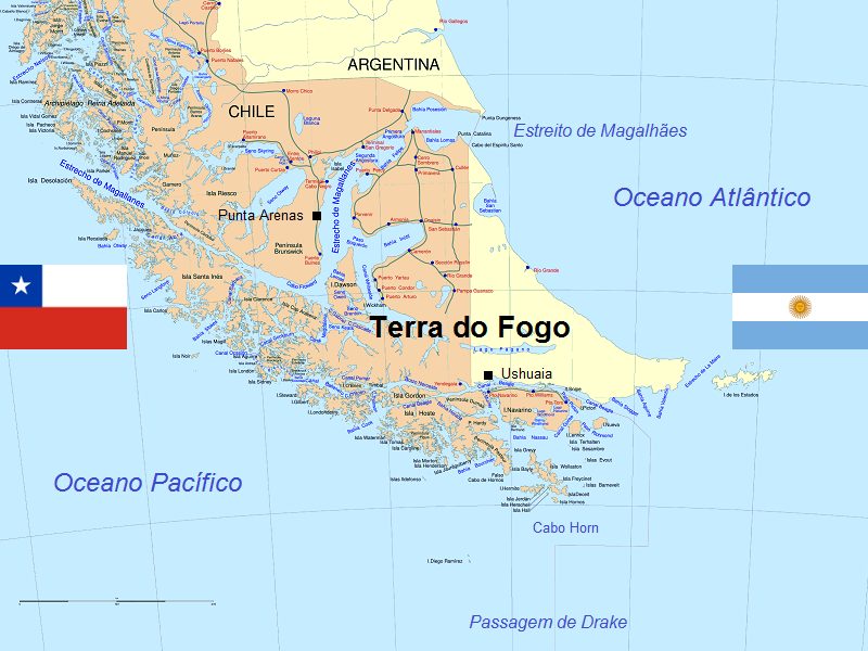 Onde fica a terra do fogo? ao sul da argentina e do Chile