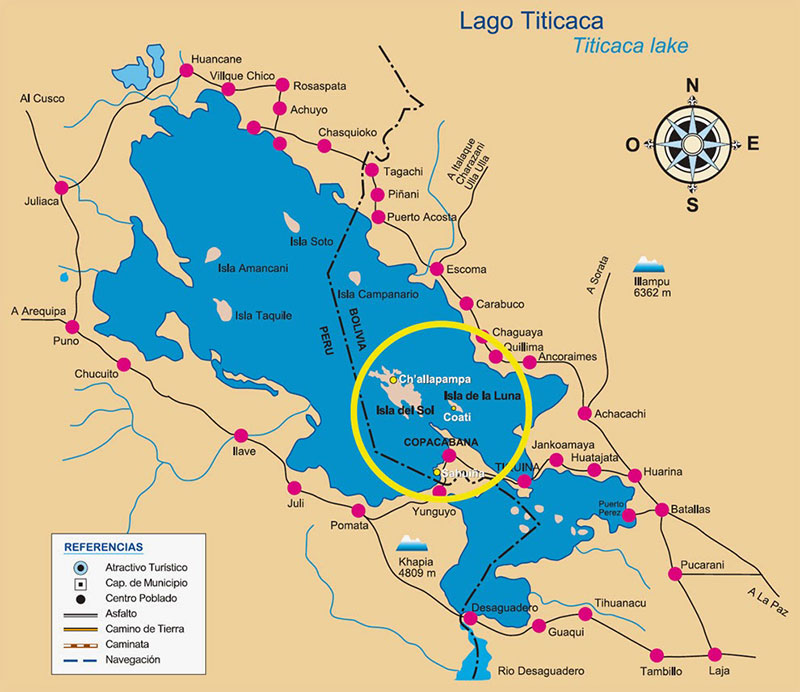 O lago titicaca fica localizado entre o peru e bolívia